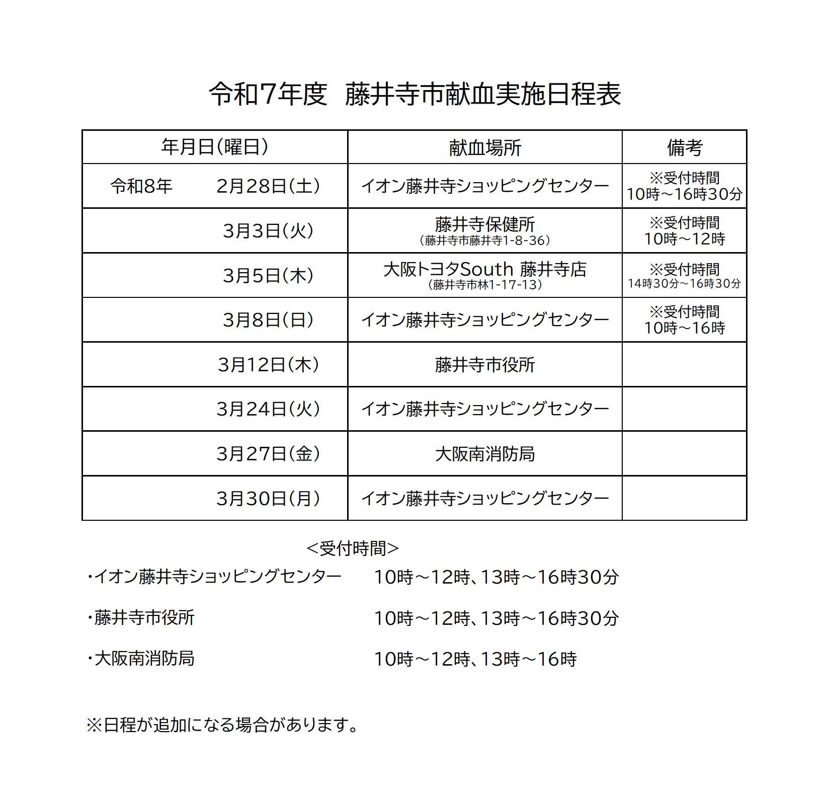 令和7年度献血実施日程表