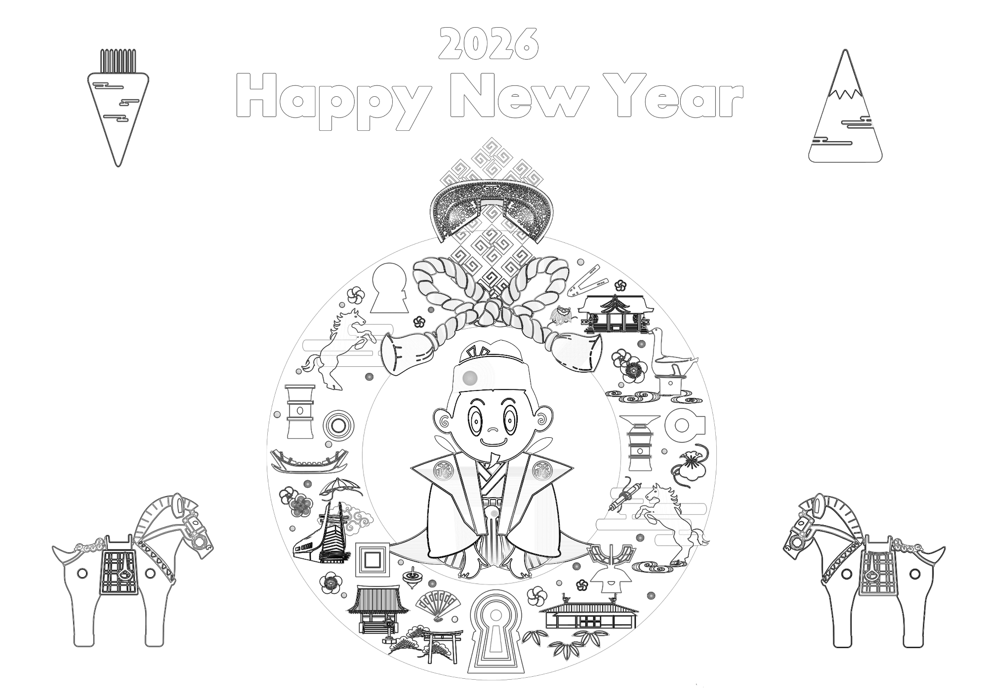 藤井寺の名所の飾りとまなりくんのイラストが描かれたぬりえデザイン