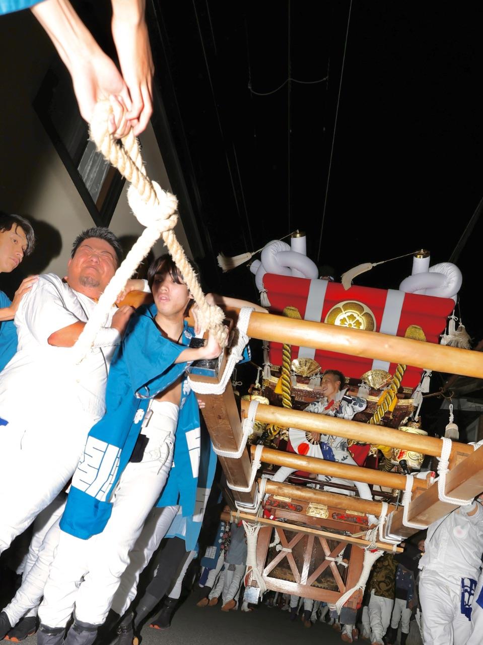 布団太鼓の下から担いでいる人をみあげている写真