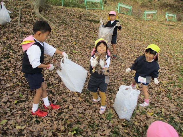 幼稚園で焼き芋パーティーをするために、袋にいっぱいの落ち葉を集めています。