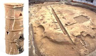 赤子塚古墳の全景(右)と下層から出土した円筒棺(左)