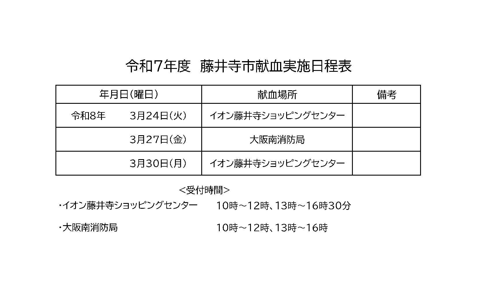 令和7年度献血実施日程表