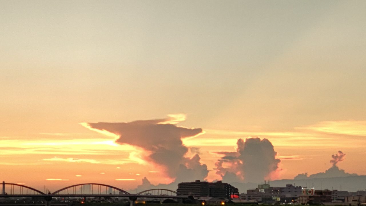 夕焼け空に狐のように見える雲が浮かんでいる写真