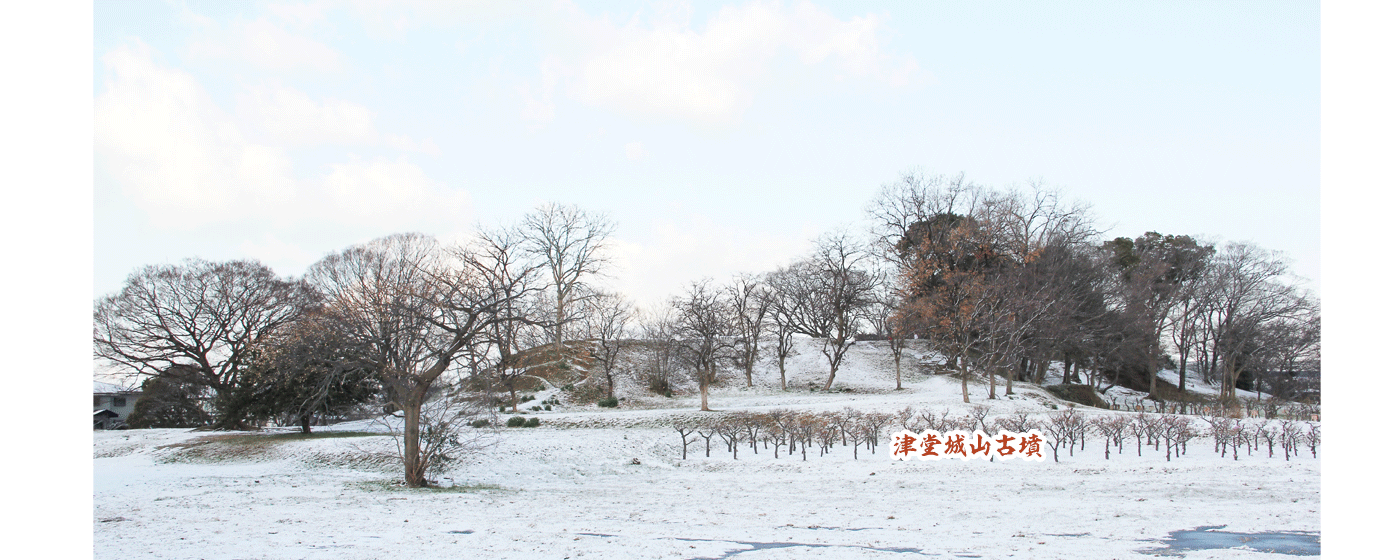 雪が降り積もっている津堂城山古墳の写真
