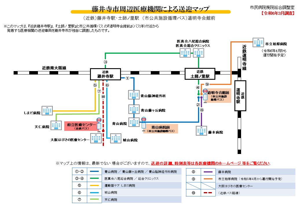藤井寺市周辺医療機関による送迎マップ（令和6年3月調査）