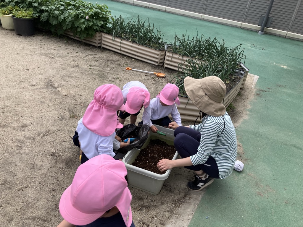 土を入れる子ども達