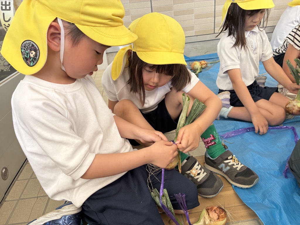 玉ねぎに紐をつける子ども達