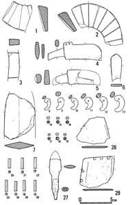 出土した遺物(1)腕輪形石製品(1～3)、滑石製模造品(4～7)、玉類(8～26)、鉄鏃(27)、甲冑片(28・29)