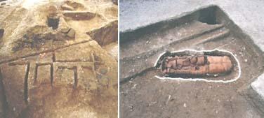 左:埴輪を焼いた窯、右:棺に使われた円筒埴輪(土師の里遺跡)
